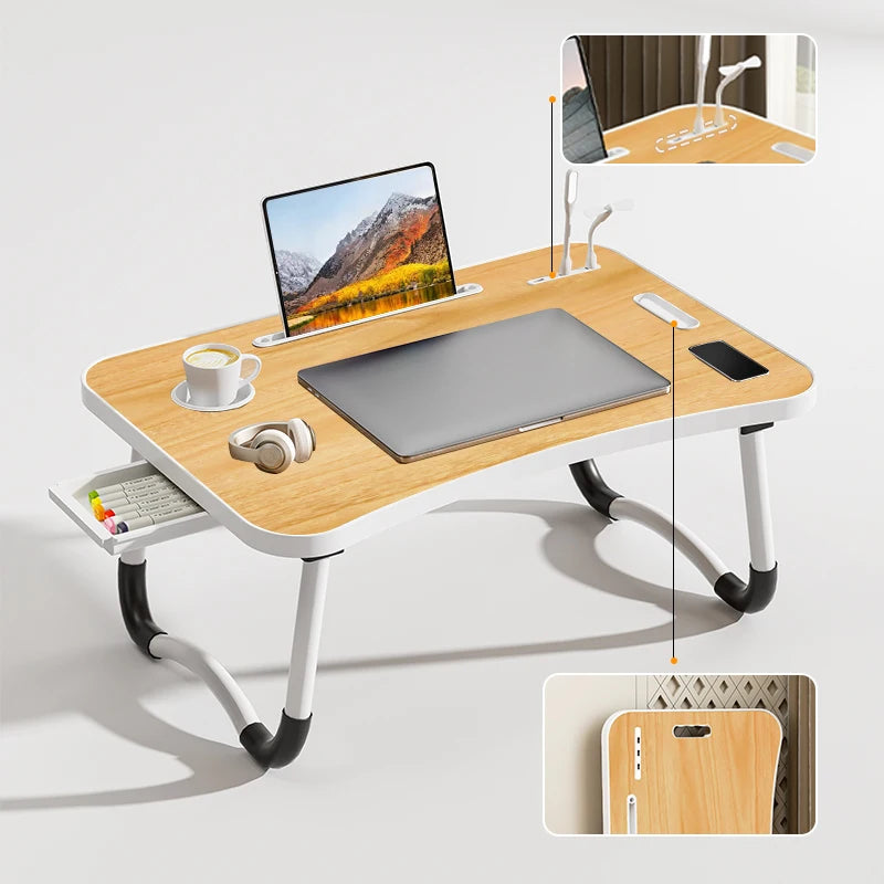 Portable Foldable laptop Desk for working with USB Light, Small Fan, Cup Holder, Tablet Slot, and Lifting Handle