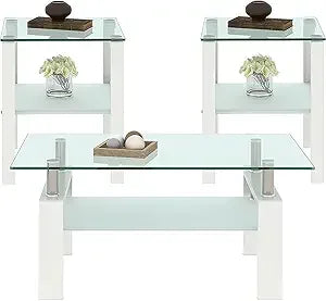 Black Glass Coffee Table Set of 3 and 2 End Side Tables, Metal