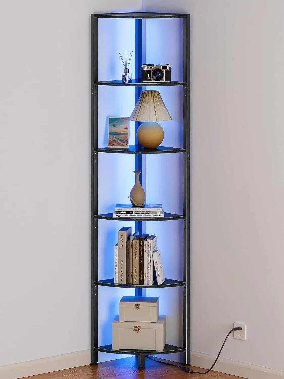 6 Tier Corner Shelf with LED Light 67.5” Tall Standing Shelf Organizer, Black Narrow Bookshelf with Storage Rack for Wall Corner