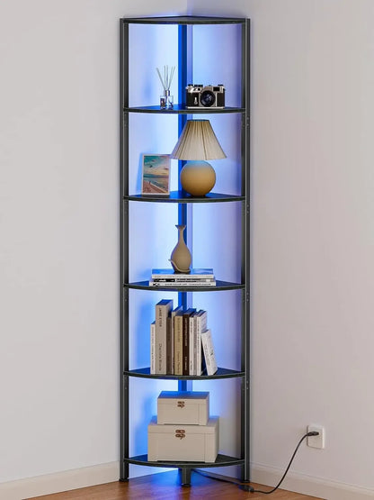 6 Tier Corner Shelf with LED Light 67.5” Tall Standing Shelf Organizer, Black Narrow Bookshelf with Storage Rack for Wall Corner