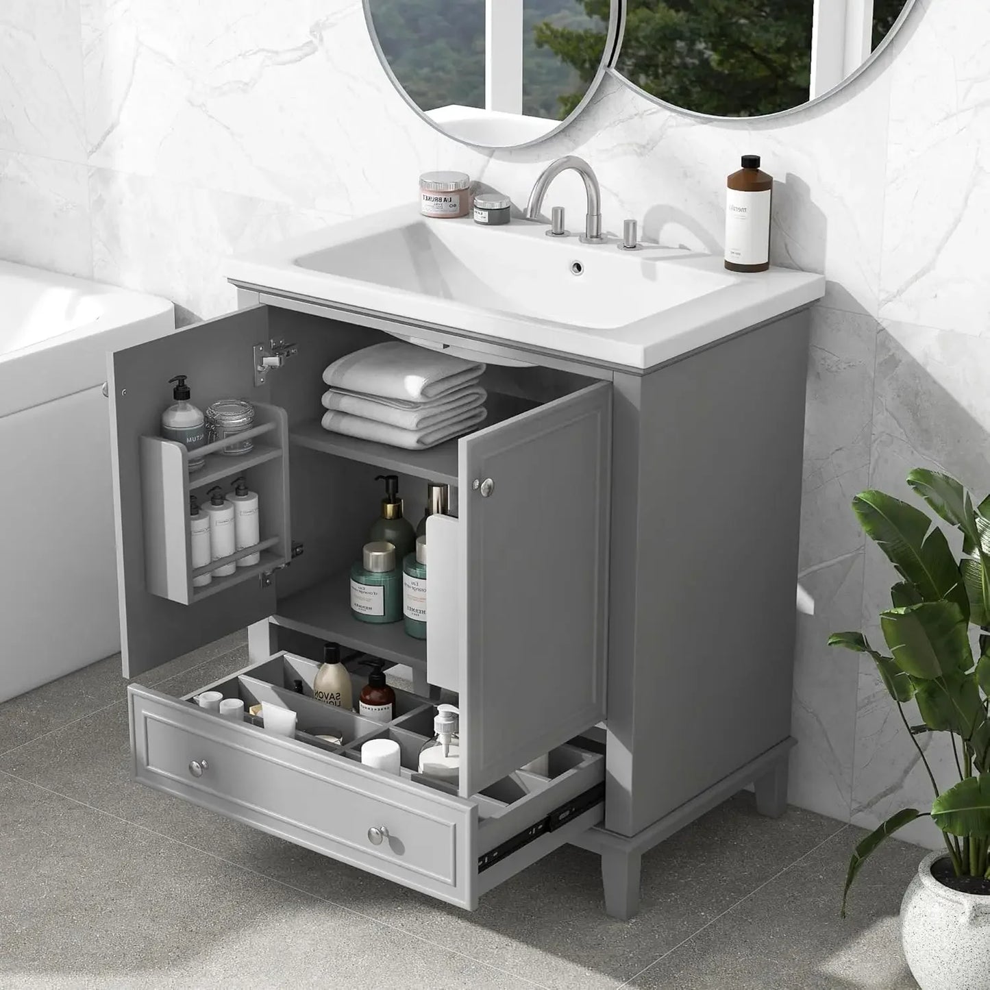 36" Bathroom Vanity organizer With Sink, Modern Green Bathroom Vanity With 3 Drawers
