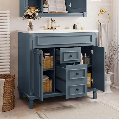 36" Bathroom Vanity organizer With Sink, Modern Green Bathroom Vanity With 3 Drawers
