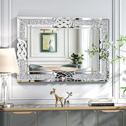 Wisfor Crushed Diamond Glass Silver Wall Mirror Rectangular  with Decorative Glam Bling Crystal Frame Edge
