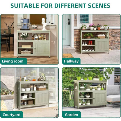 Acacia Wood OutdoorPatio Bar Table with Storage and Shelves, Sideboard Storage