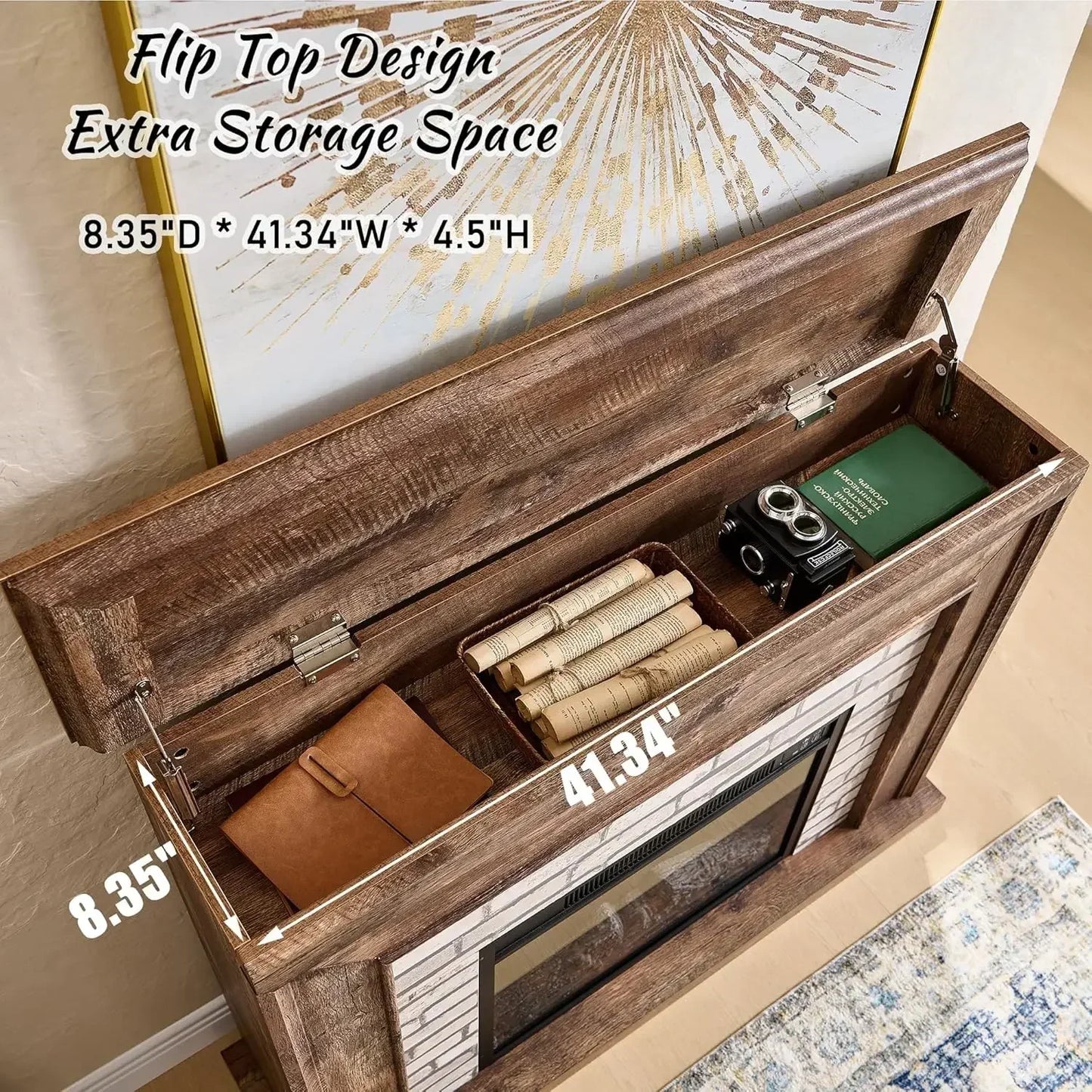 45" Flip Top Electric Fireplace adjustable flame level with Mantel, Heater, TV Stand, (Brown)