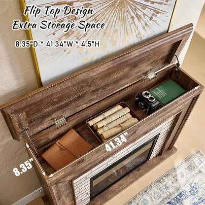 45" Flip Top Electric Fireplace adjustable flame level with Mantel, Heater, TV Stand, (Brown)