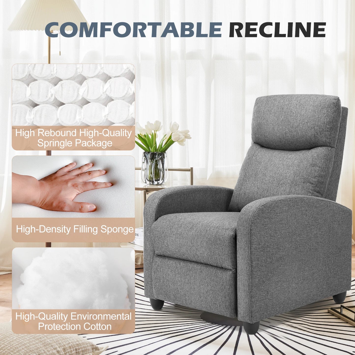 JHK Recliner Massage Sofa Chair Theater adjustable Lumbar Support, Padded Seat Backrest, Grey