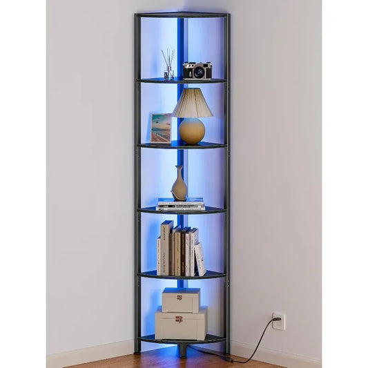 6 Tier Corner Shelf with LED Light 67.5” Tall Standing Shelf Organizer, Black Narrow Bookshelf with Storage Rack for Wall Corner