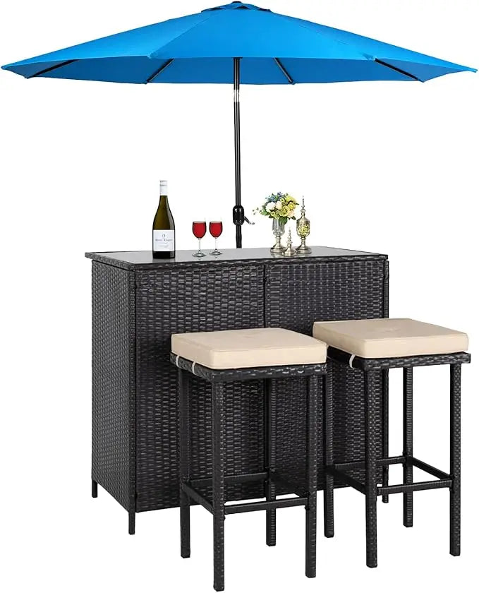 3-Piece Wicker Patio Outdoor Bar Set, 2 Stools and 1 Glass Top Table, Bistro Set,
