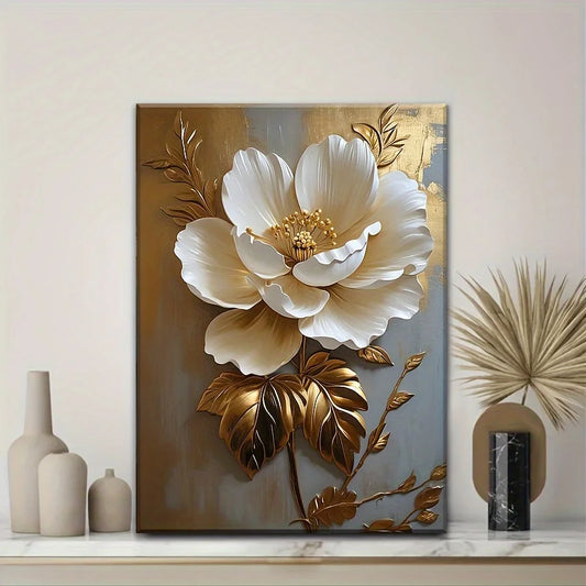1PC Elegant White Floral Canvas Art Vintage Gold Flower Wall Decoration