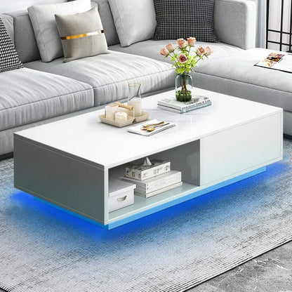 Modern Rectangle White LED Coffee Tables with Drawer & 16-Color LED Lights