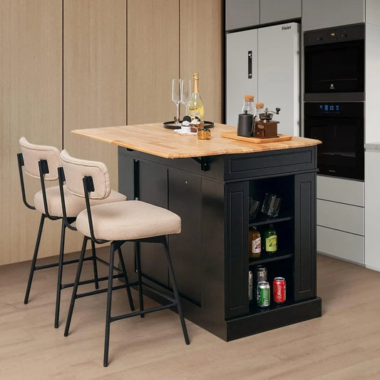 Kitchen island with rubber wood countertop, 2 drawers, 5 adjustable shelves and spice rack