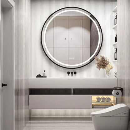 Round Light Mirror Black Gold Frame Dimmable Fogless Mirror with Detachable Rope