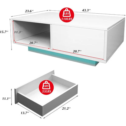 Modern Rectangle White LED Coffee Tables with Drawer & 16-Color LED Lights