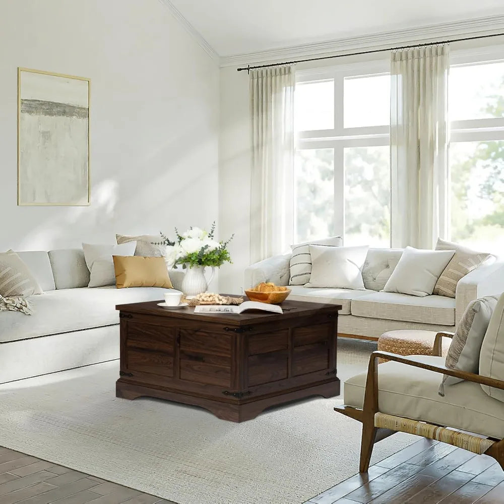Farmhouse Rustuc Square Wooed Coffee Table with Hinged Lift Top and Large Hidden Storage Compartment