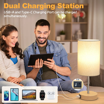 2 Pack 14 Inch Small Table Lamp 3 Way Dimmable, Touch Control, Dual Charging Ports, 3000K Soft Warm (2 LED Bulb)