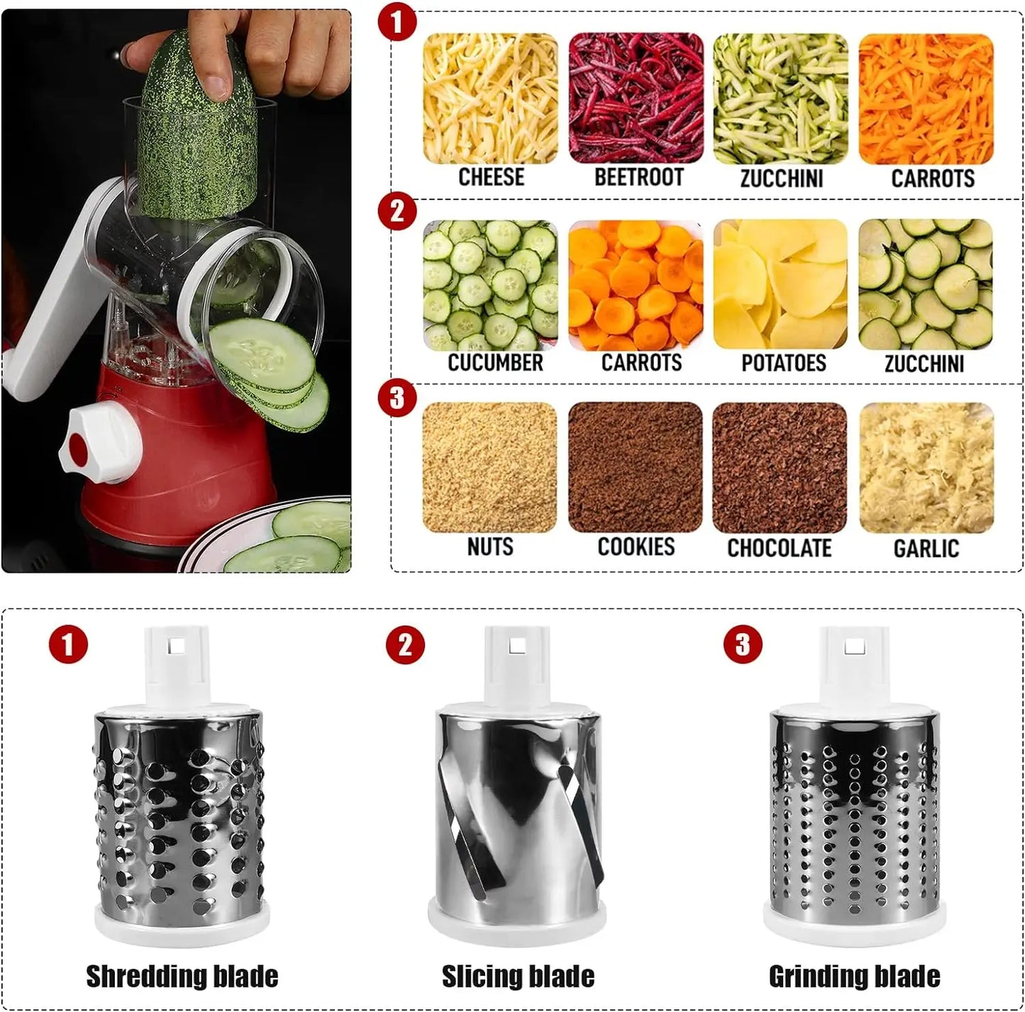 3 in 1 Cheese Grater Vegetable Slicer with 3 Drum Blades