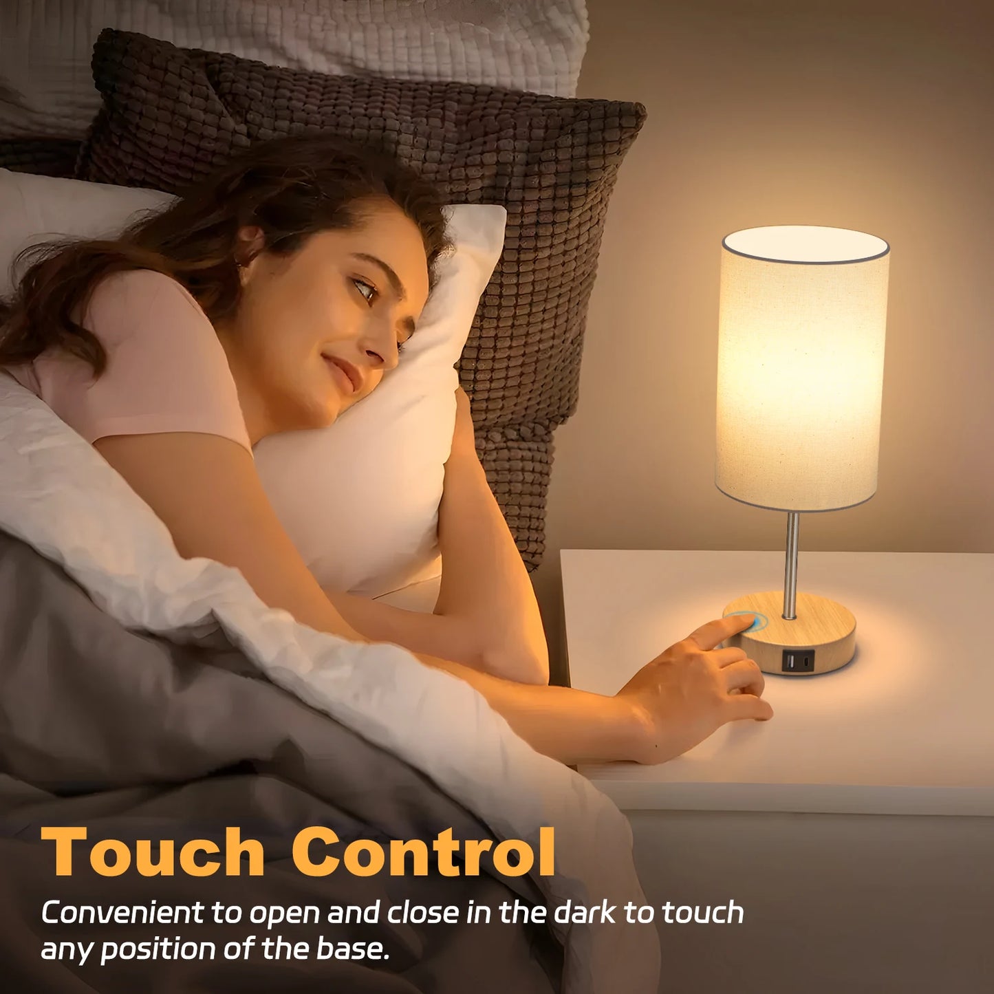 2 Pack 14 Inch Small Table Lamp 3 Way Dimmable, Touch Control, Dual Charging Ports, 3000K Soft Warm (2 LED Bulb)