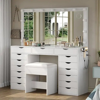 Vanity Desk with Mirror and 3 color Lighting Modes with Charging Station,15 Drawers Dressing Table