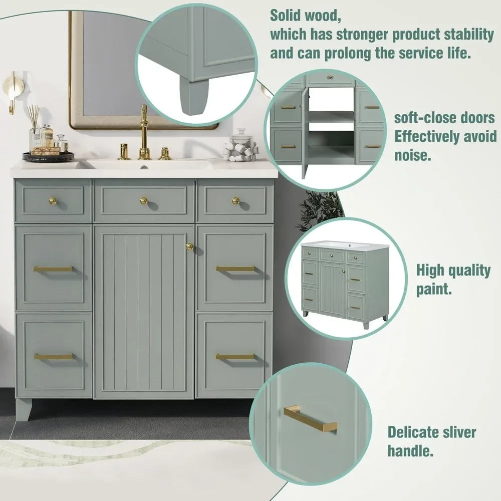 36" Bathroom Vanity organizer With Sink, Modern Green Bathroom Vanity With 3 Drawers