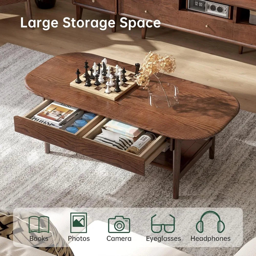 100% Solid Oak Wood 2-Tier Mid-Century Modern Coffee Table for Living Room with Open Shelf