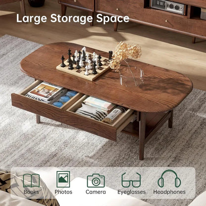 100% Solid Oak Wood 2-Tier Mid-Century Modern Coffee Table for Living Room with Open Shelf