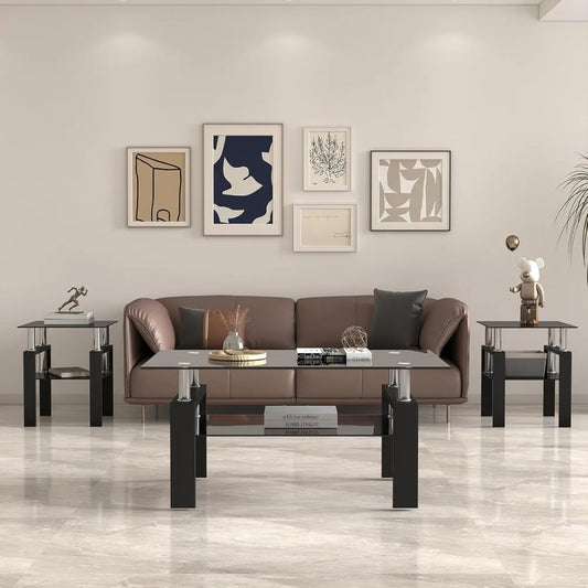 Black Glass Coffee Table Set of 3 and 2 End Side Tables, Metal