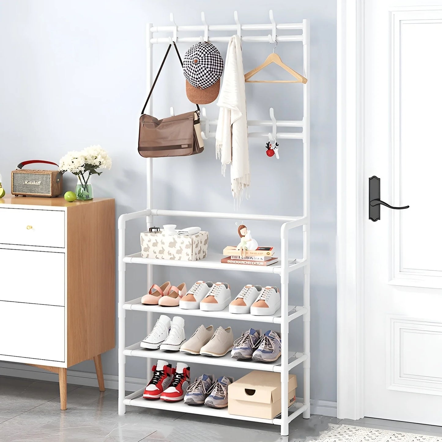 Metal Storage Shoe Rack Coat Rack Strand  with Hooks Multipurpose Coat Hanger