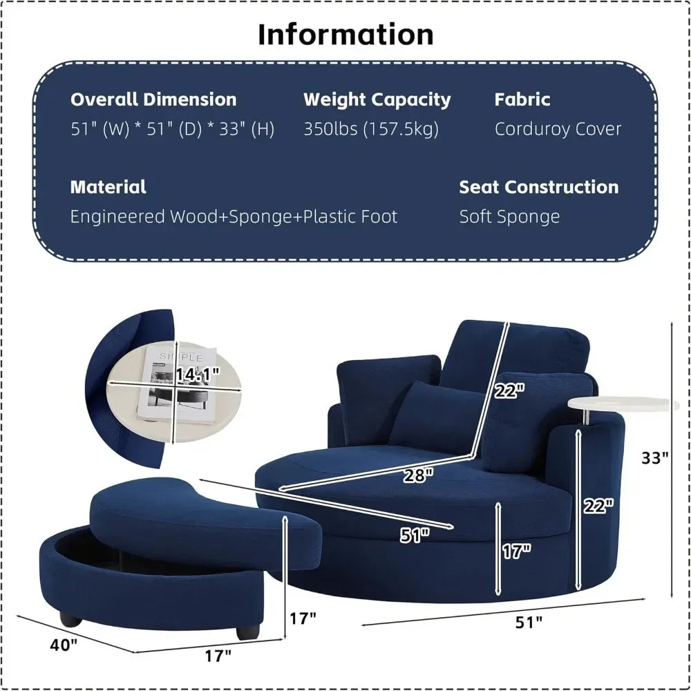 Oversize Round Barrel Swivel Accent Chair with Armrest Tray and Ottoman, Corduroy Fabric