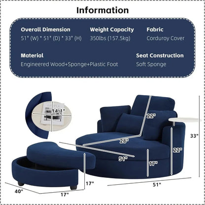 Oversize Round Barrel Swivel Accent Chair with Armrest Tray and Ottoman, Corduroy Fabric