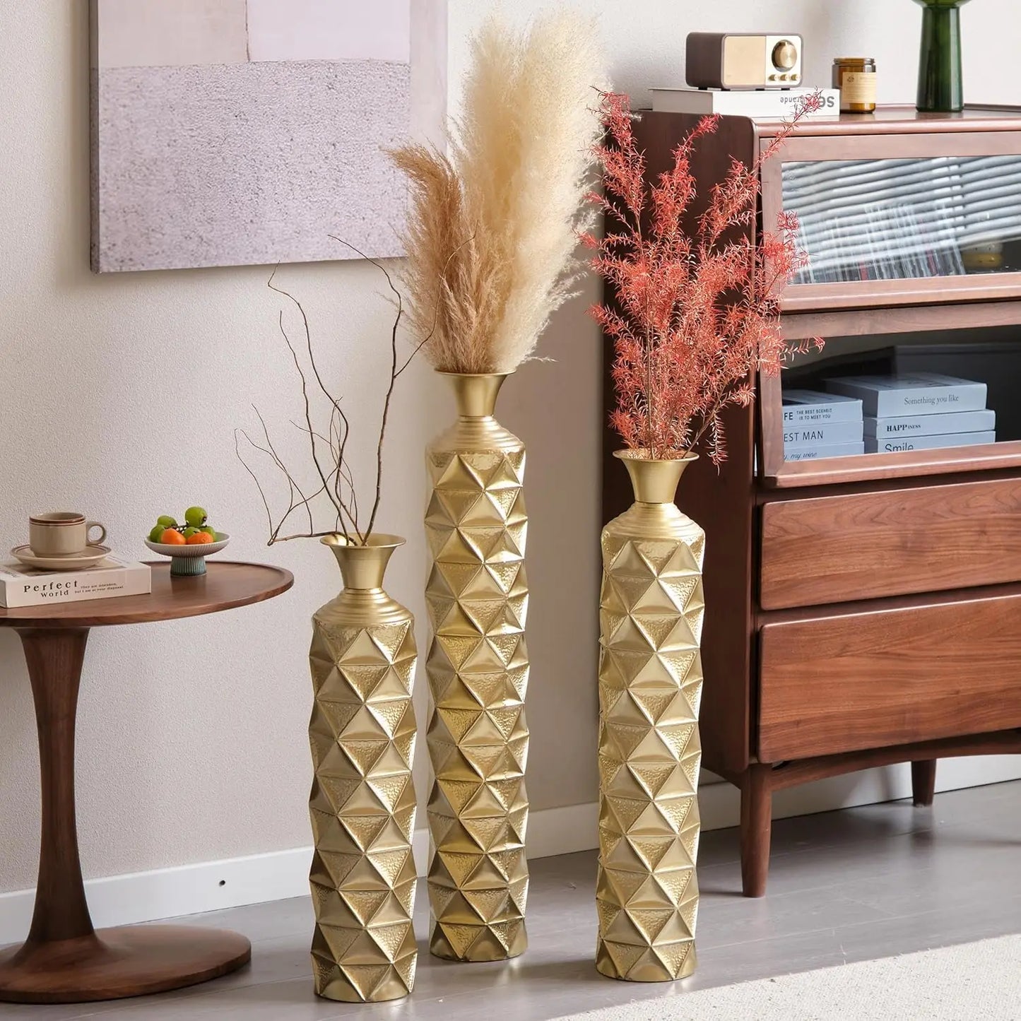 Extra Large Tall Gold Metal Floor Vases Decorative Tall Set of 3, Flower Center Vases
