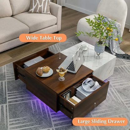 Modern Rectangle White LED Coffee Tables with Drawer & 16-Color LED Lights