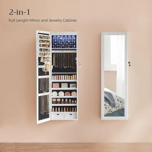 47.2-Inch Tall LEDs Mirror Jewelry Cabinet organizer with Mirror, 2 Drawers, 3.9 x 14.6 x 47.2 Inches, White