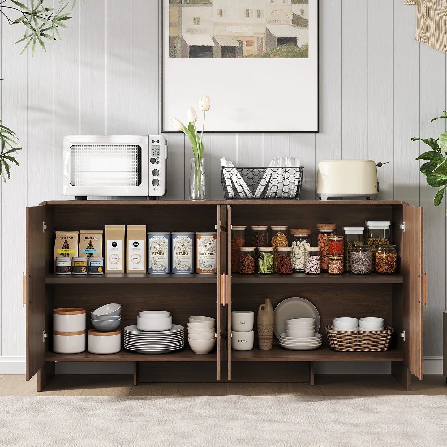 60" Sideboard Buffet Cabinet with Storage, 4 Doors & Adjustable Shelves