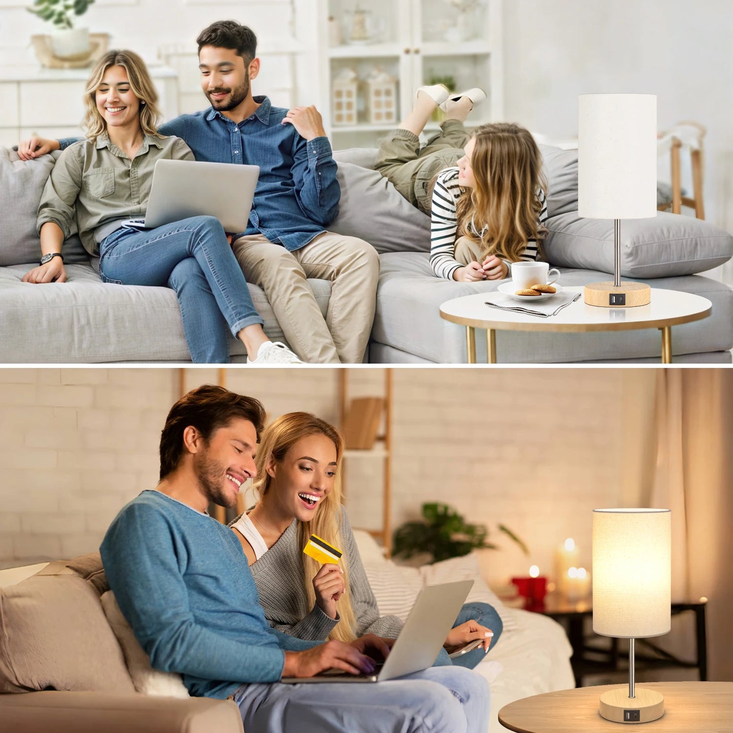 2 Pack 14 Inch Small Table Lamp 3 Way Dimmable, Touch Control, Dual Charging Ports, 3000K Soft Warm (2 LED Bulb)