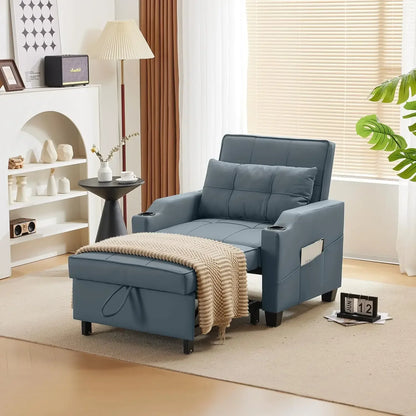 Sleeper Chair 3-in-1 Pull out Couch Sleeper Sofa Light Gray, Recliner with USB Ports, Cup Holders, Side Pockets
