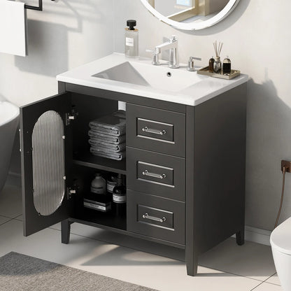 30" Bathroom Vanity with Sink  with Two Drawers and Door, Adjustable Shelf, Solid Wood, Black