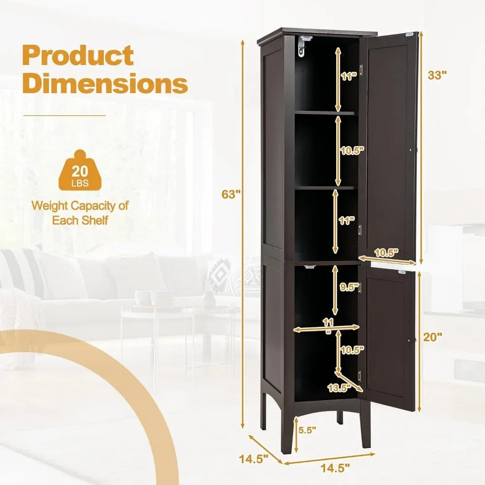 5-Tier Freestanding  Wooden Storage Cabinet, 5-Tier Freestanding Linen Tower with 2 Door