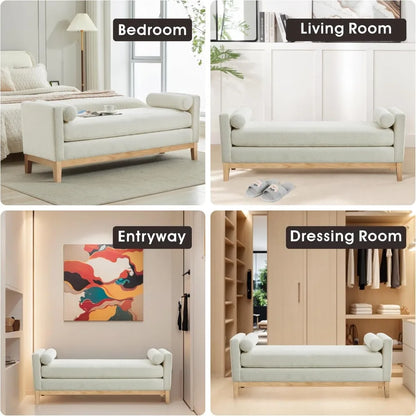King Size 66.3" End of Bed Upholstered Long Boucle Ottoman Bench with Arms & Pillows
