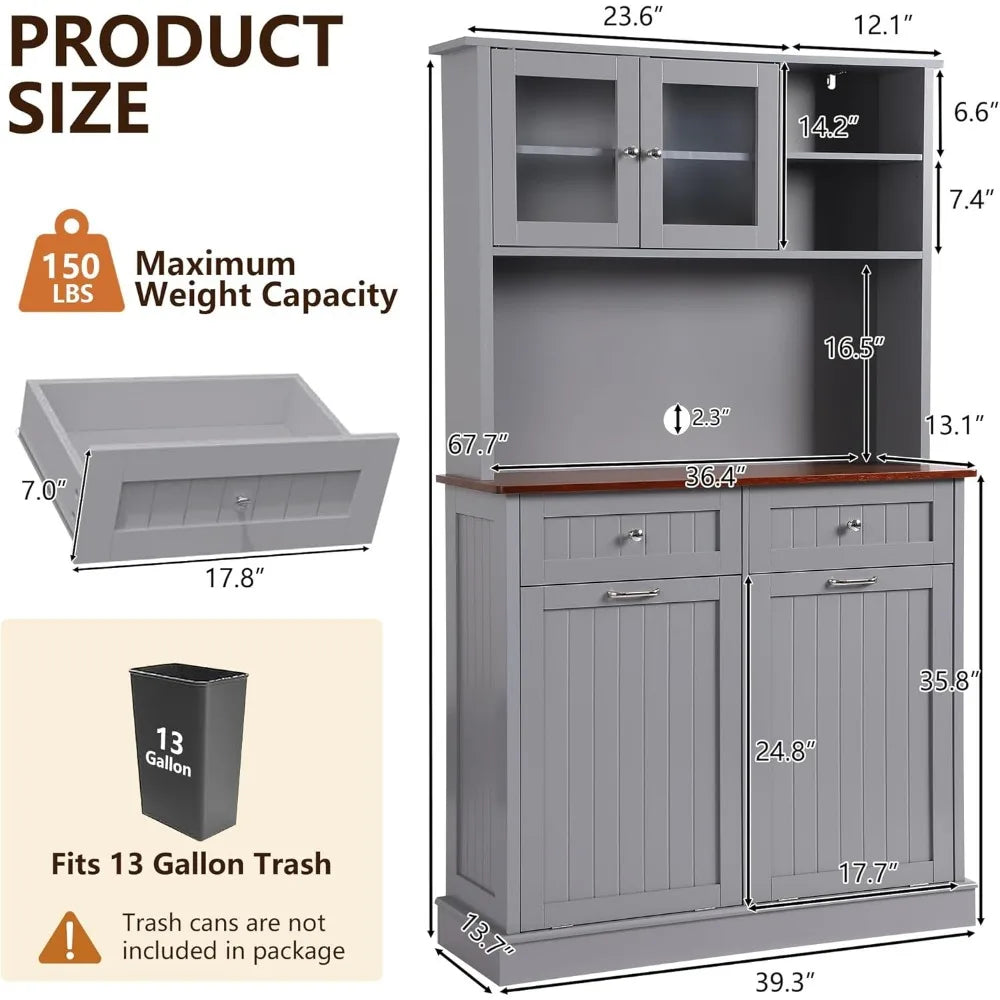 Kitchen Pantry Tall Storage Microwave Cabinet with Tilt Out Trash Storage