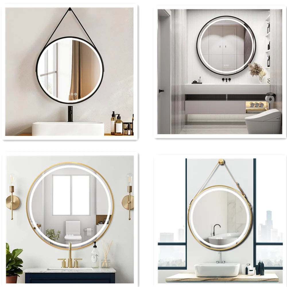 Round Light Mirror Black Gold Frame Dimmable Fogless Mirror with Detachable Rope