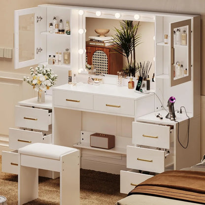 58.3" Makeup Vanity Desk with Mirror and Lights, Charging Station Table,  White