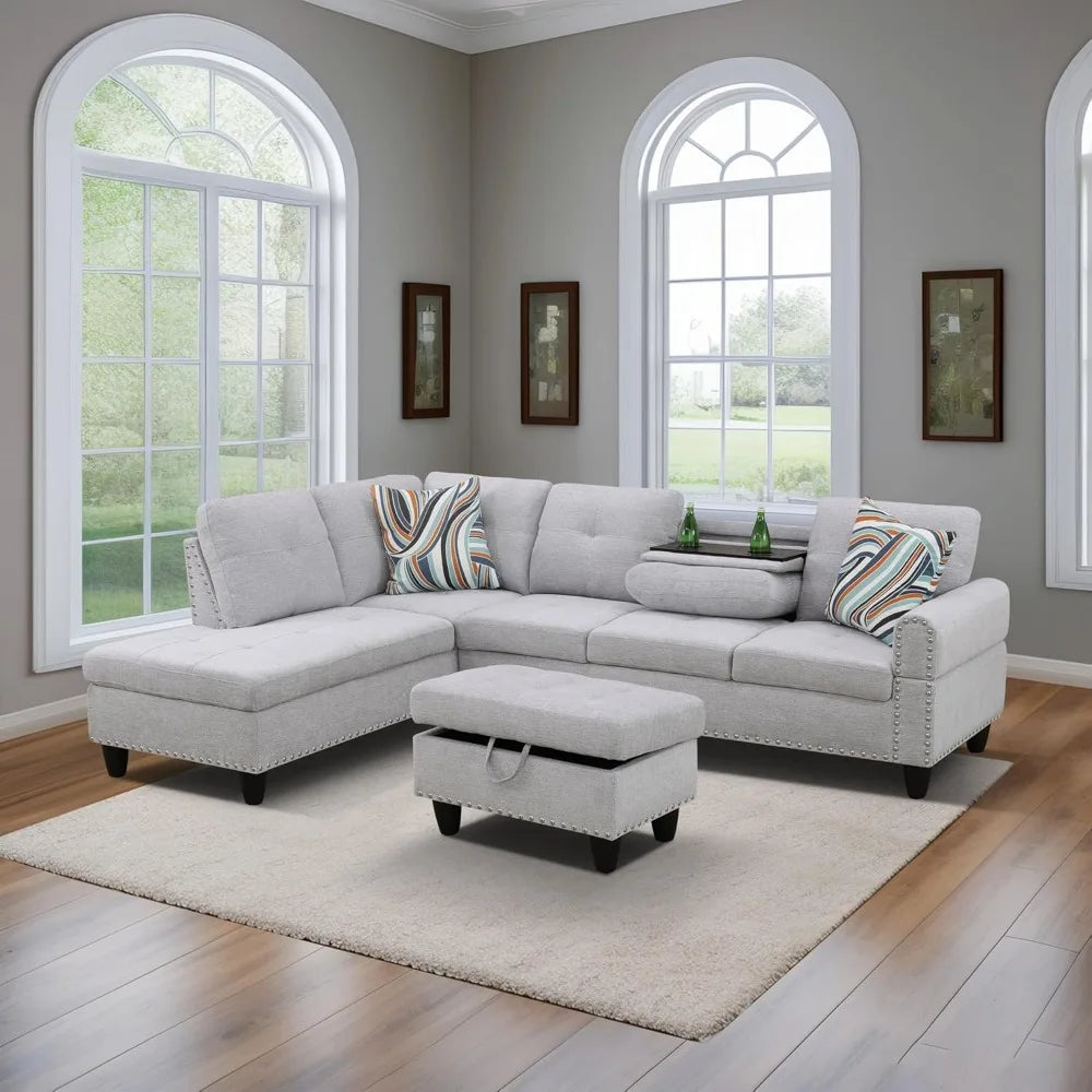 Linen 3-Piece Grey Sofa Living Room Sofa Set with Storage Ottoman, Reversible Coffee Table Cup-Holder,Grey