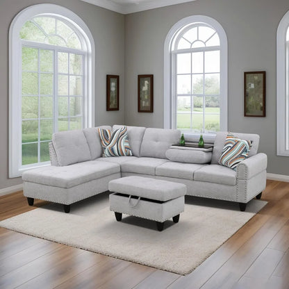 Linen 3-Piece Grey Sofa Living Room Sofa Set with Storage Ottoman, Reversible Coffee Table Cup-Holder,Grey