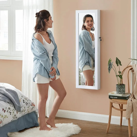 47.2-Inch Tall LEDs Mirror Jewelry Cabinet organizer with Mirror, 2 Drawers, 3.9 x 14.6 x 47.2 Inches, White