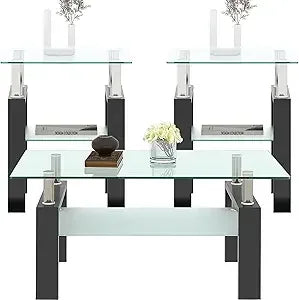 Black Glass Coffee Table Set of 3 and 2 End Side Tables, Metal