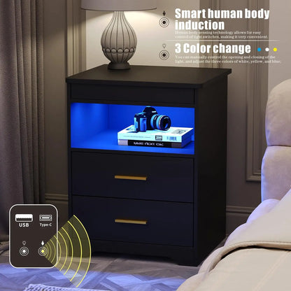 Modern Charging Table with USB & Type-C Port, LED Nightstand with Human Sensor Light