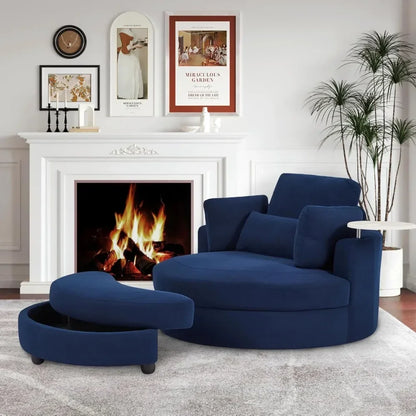 Oversize Round Barrel Swivel Accent Chair with Armrest Tray and Ottoman, Corduroy Fabric