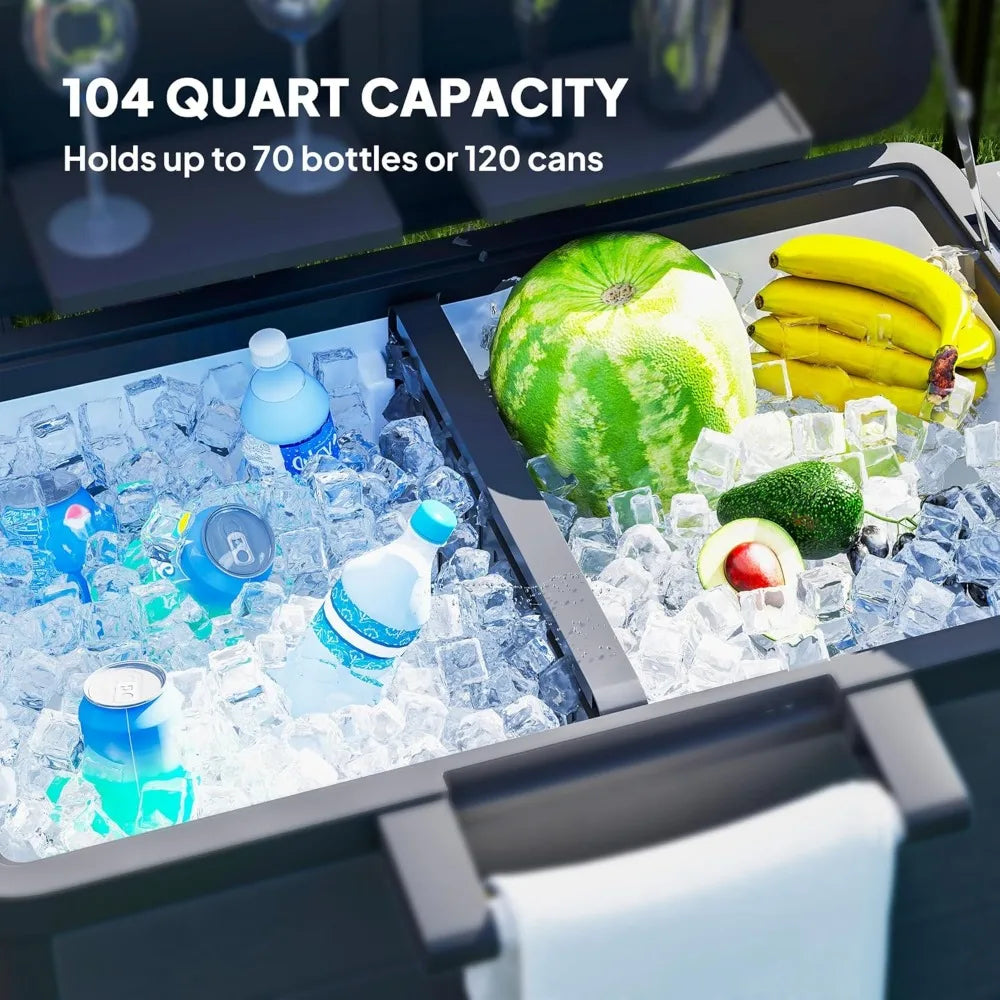 104 Quart Large Capacity Patio Cooler, Rolling Ice Chest with wheels Bottle Opener and Shelves