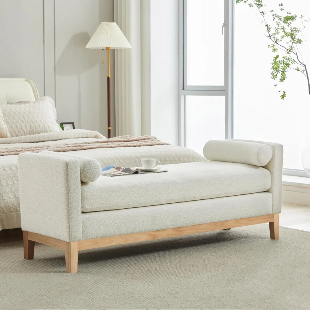 King Size 66.3" End of Bed Upholstered Long Boucle Ottoman Bench with Arms & Pillows